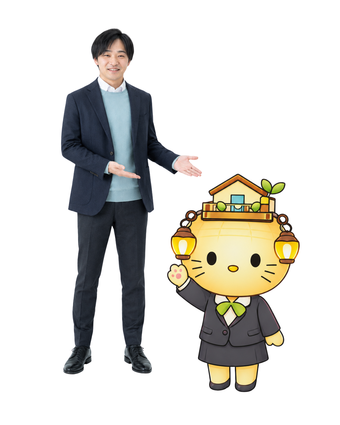 terasumuキャラクターと河野一輝が並んで案内している写真